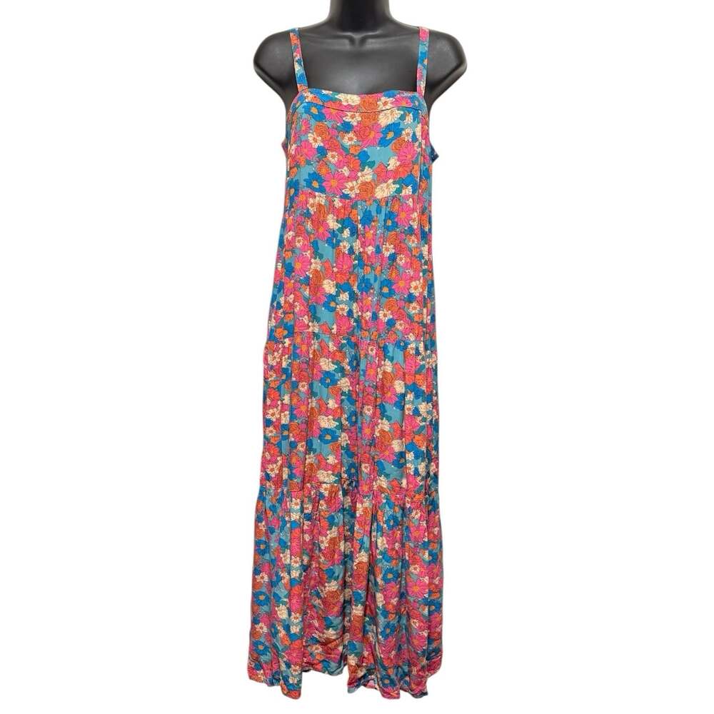 Natural Life Sz S Patricia Tiered Blue Pink Beach Boho Maxi Dress Pockets - Picture 2 of 8